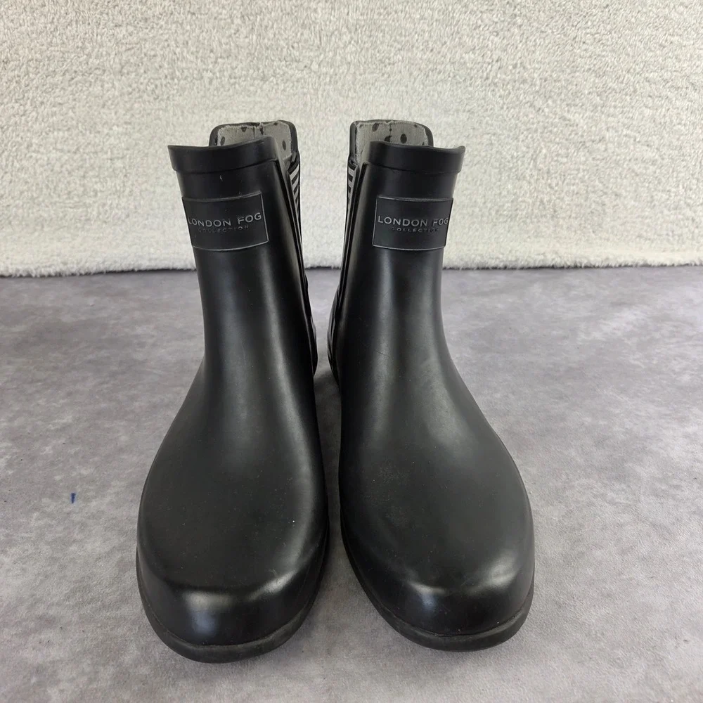 London Fog Piccadilly Black Rubber Rain Boots Striped Goring HKF00 Mens 9M
